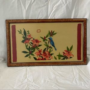 Vintage Asian Chinoiserie Bird and Flowers Crewel Art in Gorgeous Red Gold Frame